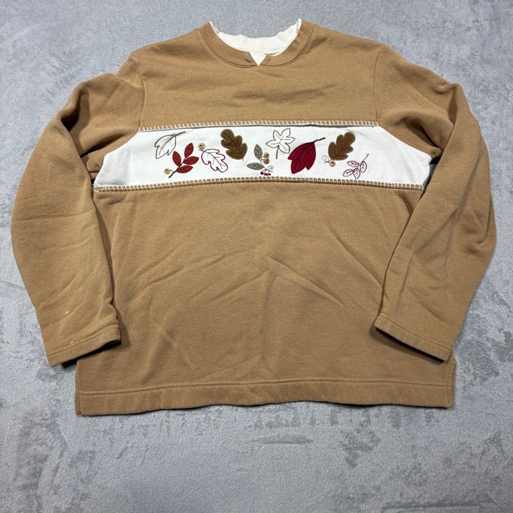 Vintage 90s Brown Leaf Embroidered Sweatshirt Grandmacore Size L
